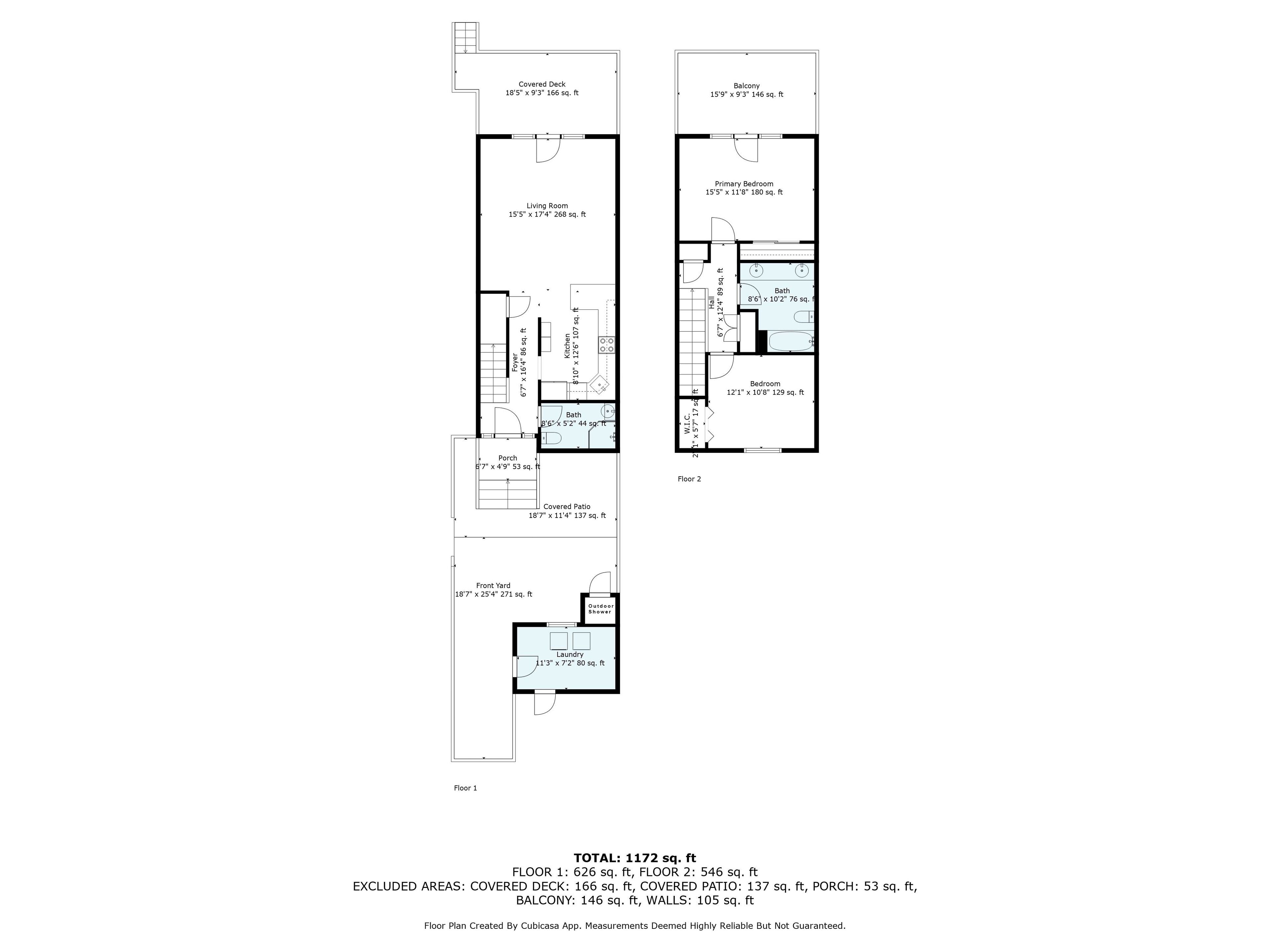 A floor plan of a two-story house with a covered deck, balcony, living room, primary bedroom, bathroom, bedroom, covered patio, front yard, and a laundry area.