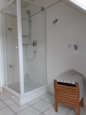 Shower, towels, soap, toilet paper