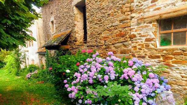 Un edificio de piedra con un jardín de hortensias.