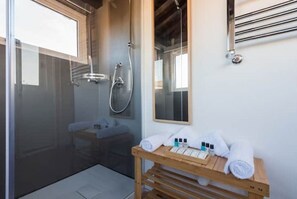 Shower, hair dryer, bidet, towels