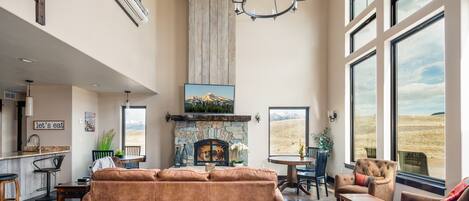 Smart TV, fireplace, books