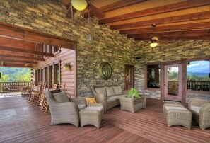 Terrace/patio - Luxury Smoky Mountain Cabin: Hot Tub, Game Room, Large Fit Pit & Stunning Views! (Sevierville)