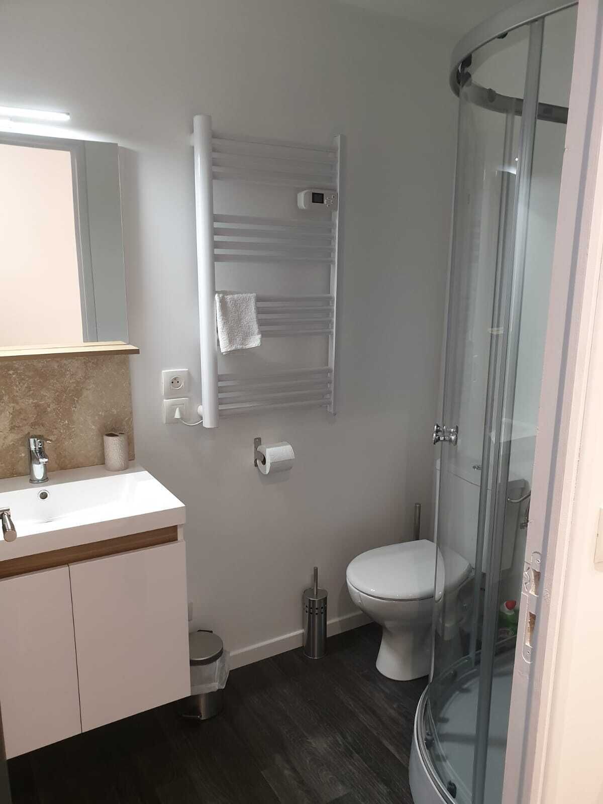 Shower, hair dryer, towels, toilet paper