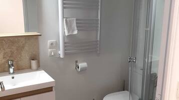 Shower, hair dryer, towels, toilet paper