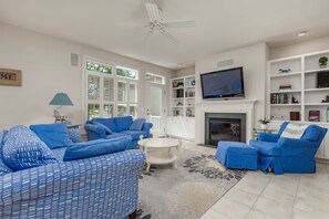 Fernseher, Kamin, DVD-Player, Bücher