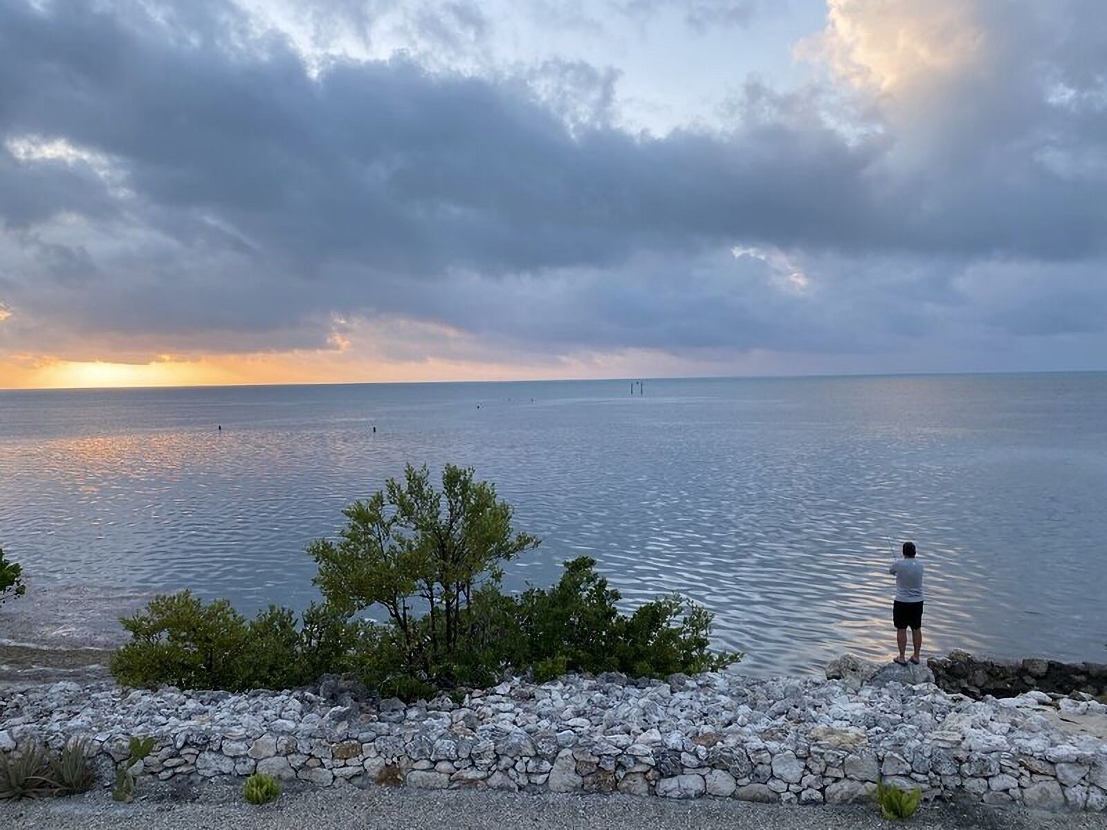 A coastal scene with a rocky shoreline, calm sea, and overcast sky.