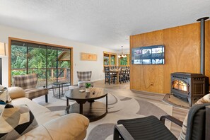 Smart TV, fireplace, books