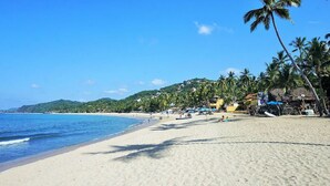 Une plage à l’eau d’un bleu limpide, bordée de sable fin et ponctuée de palmiers.