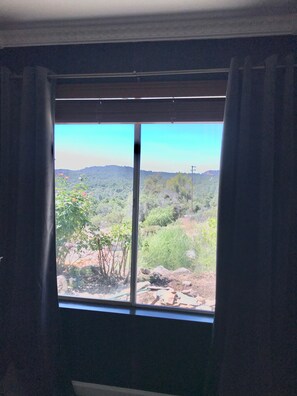 Enjoy a serene view of the surrounding landscape from the room's large window.