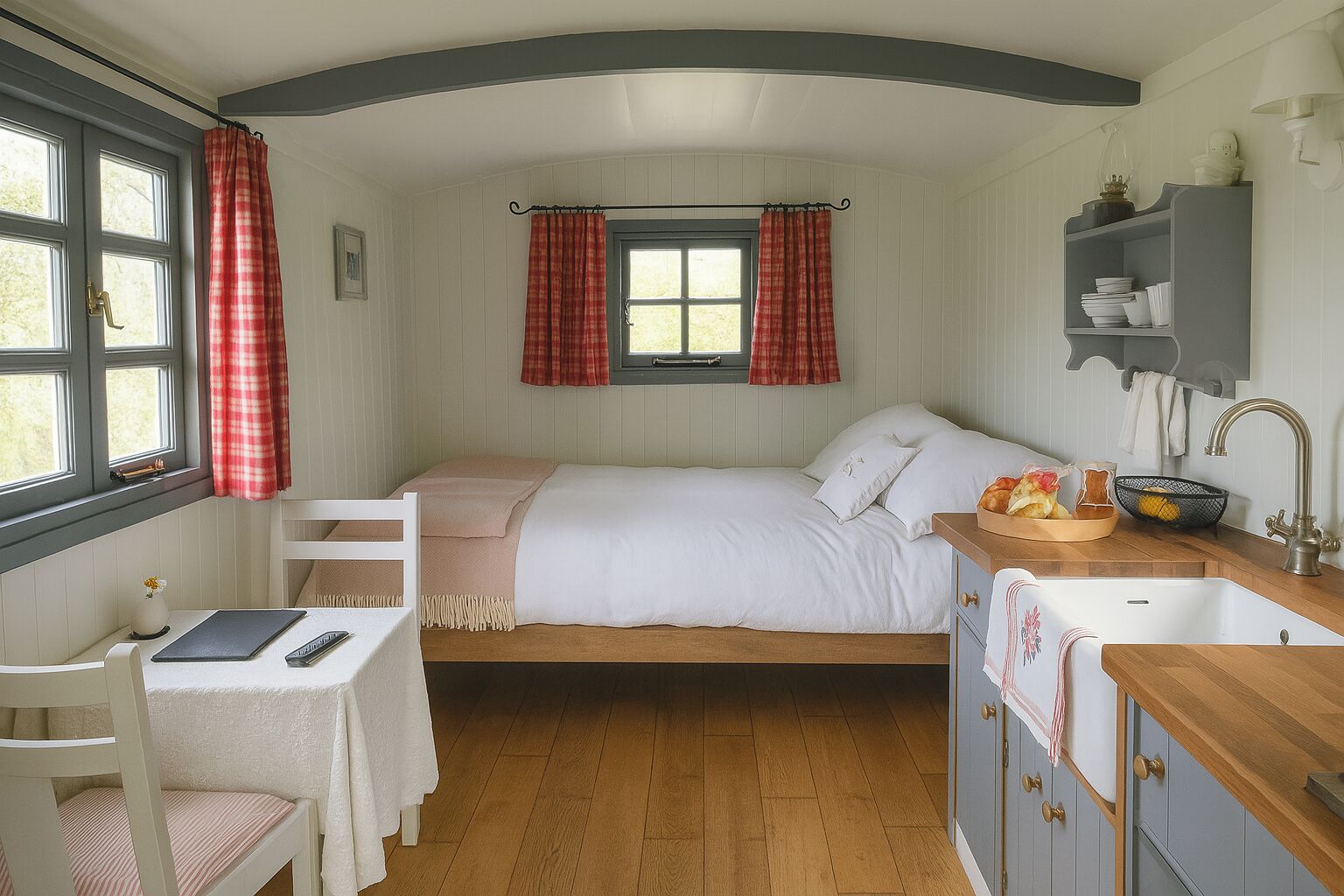 A cozy bedroom with a bed, a desk, and a small kitchenette.