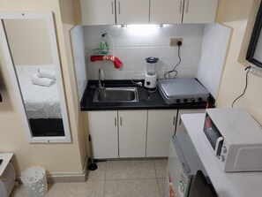 Fridge, microwave, stovetop, electric kettle