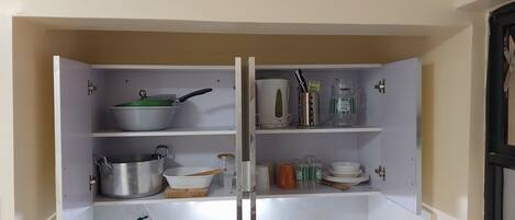 Fridge, microwave, stovetop, electric kettle