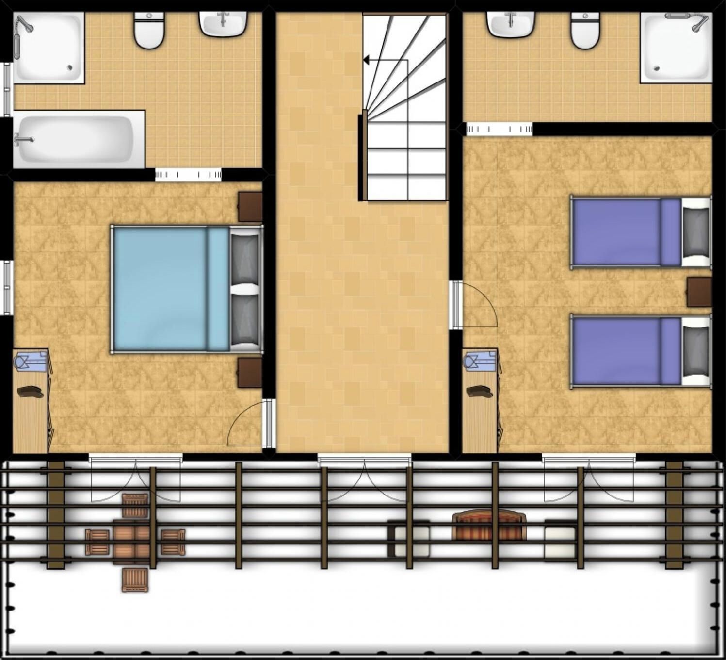 A hotel floor plan with a pool area, two bedrooms, a bathroom, and a staircase.