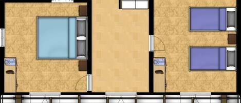 A hotel floor plan with a pool area, two bedrooms, a bathroom, and a staircase.