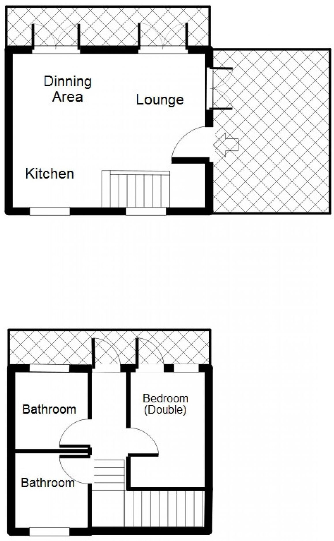 A floor plan with a dining area, lounge, kitchen, and two bathrooms.