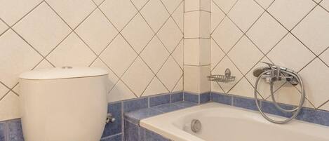 A bathroom with a toilet, a bathtub, and a shower.
