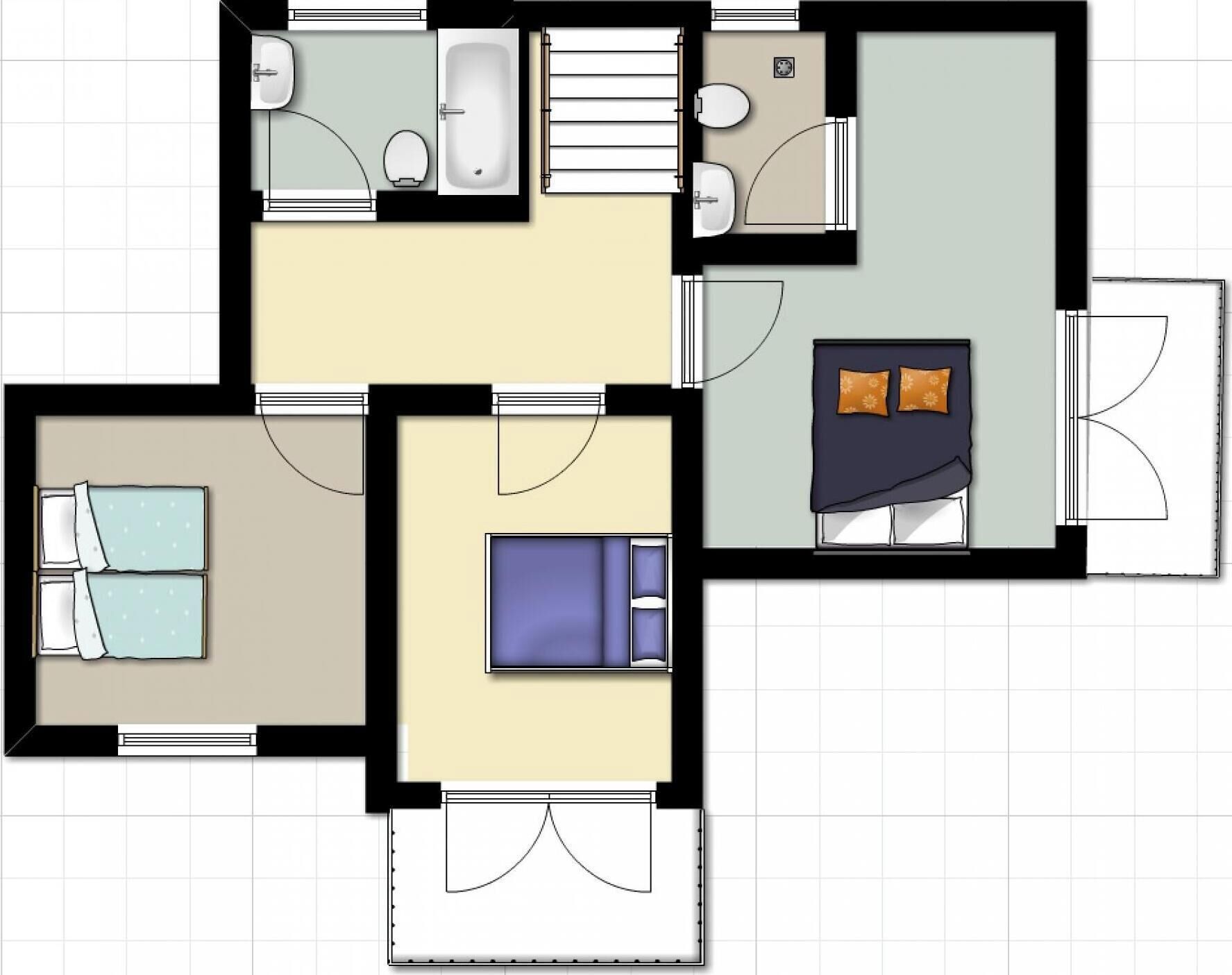A floor plan with two bedrooms, a bathroom, a living area, and a kitchen.