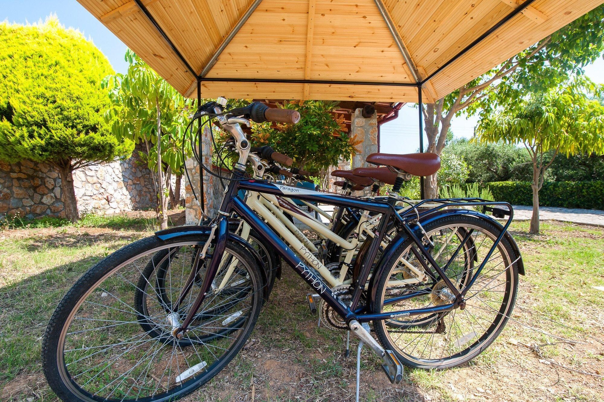 A bicycle parked under a wooden gazebo in a garden setting.