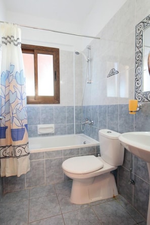 Un bagno con vasca, servizi igienici e lavandino.