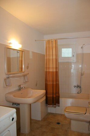 A bathroom with a sink, mirror, toilet, and shower. - Villa Elia Large Private Pool Walk to Beach Sea Views A C Wifi Car Not Required - 1978 (Corfu)