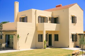 A two-story building with a flat roof and a beige facade. - Villa Almira Large Private Pool Walk to Beach Sea Views A C Wifi Car Not Required - 2080 (Mylopotamos)