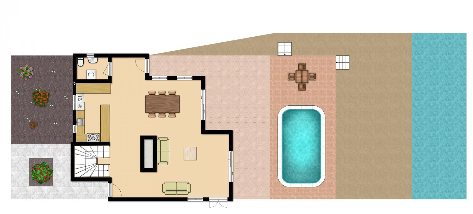 A floor plan of a house with a swimming pool, a dining area, a living room, and a kitchen.