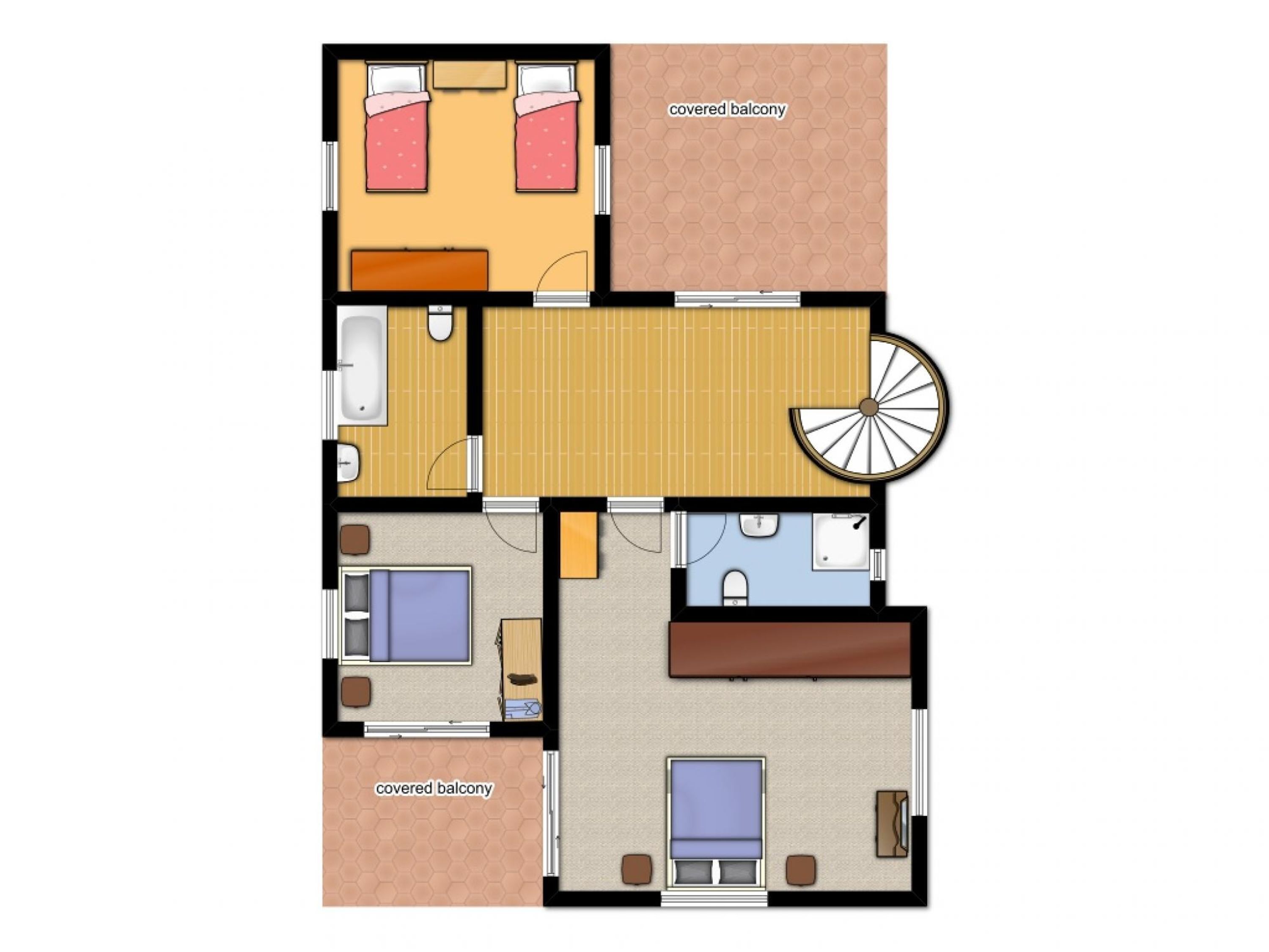 A hotel layout with two bedrooms, a bathroom, a covered balcony, a dining area, and a small kitchen.