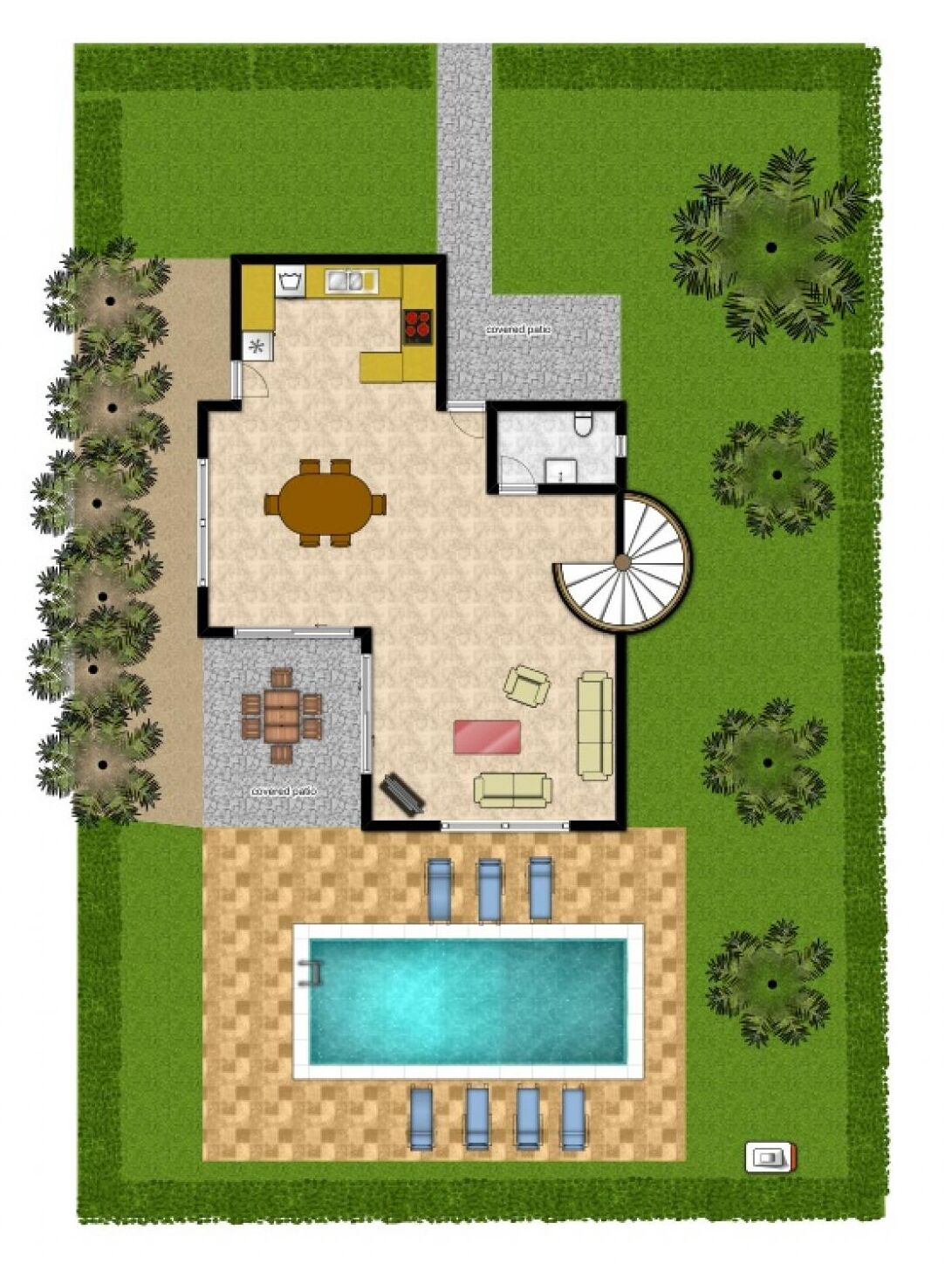 Un plan de maison comprenant un patio couvert, une piscine et un jardin.