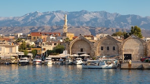 A harbor with boats, a mosque, and mountains in the background. - Villa Selini Private Pool Sea Views A C Wifi Eco-friendly - 2158 (Rethymno)