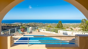 A pool area with a view of the sea, a railing, and a potted plant. - Villa Selini Private Pool Sea Views A C Wifi Eco-friendly - 2158 (Rethymno)