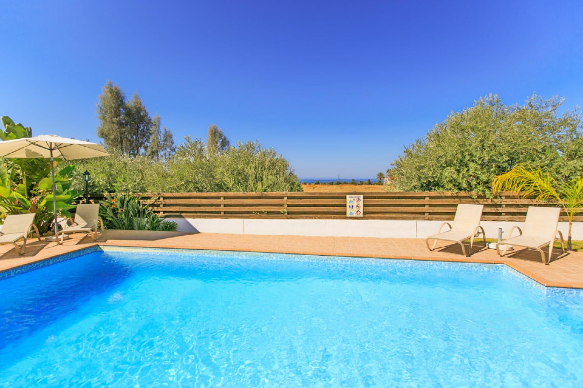 A clear blue pool with lounge chairs and an umbrella, surrounded by greenery and a wooden fence.