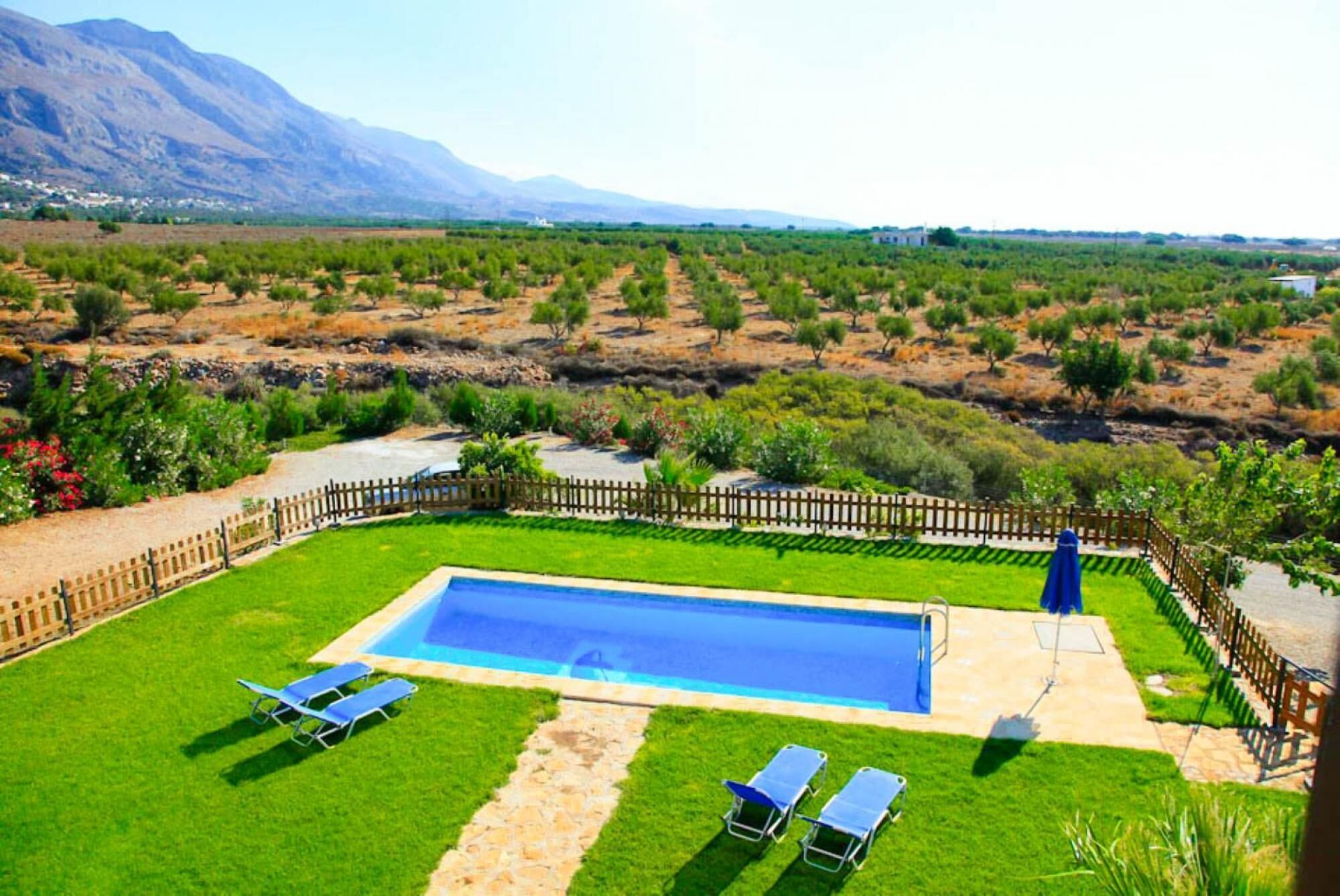 A rectangular swimming pool with two sun loungers on each side, surrounded by a wooden fence and a well-maintained lawn.