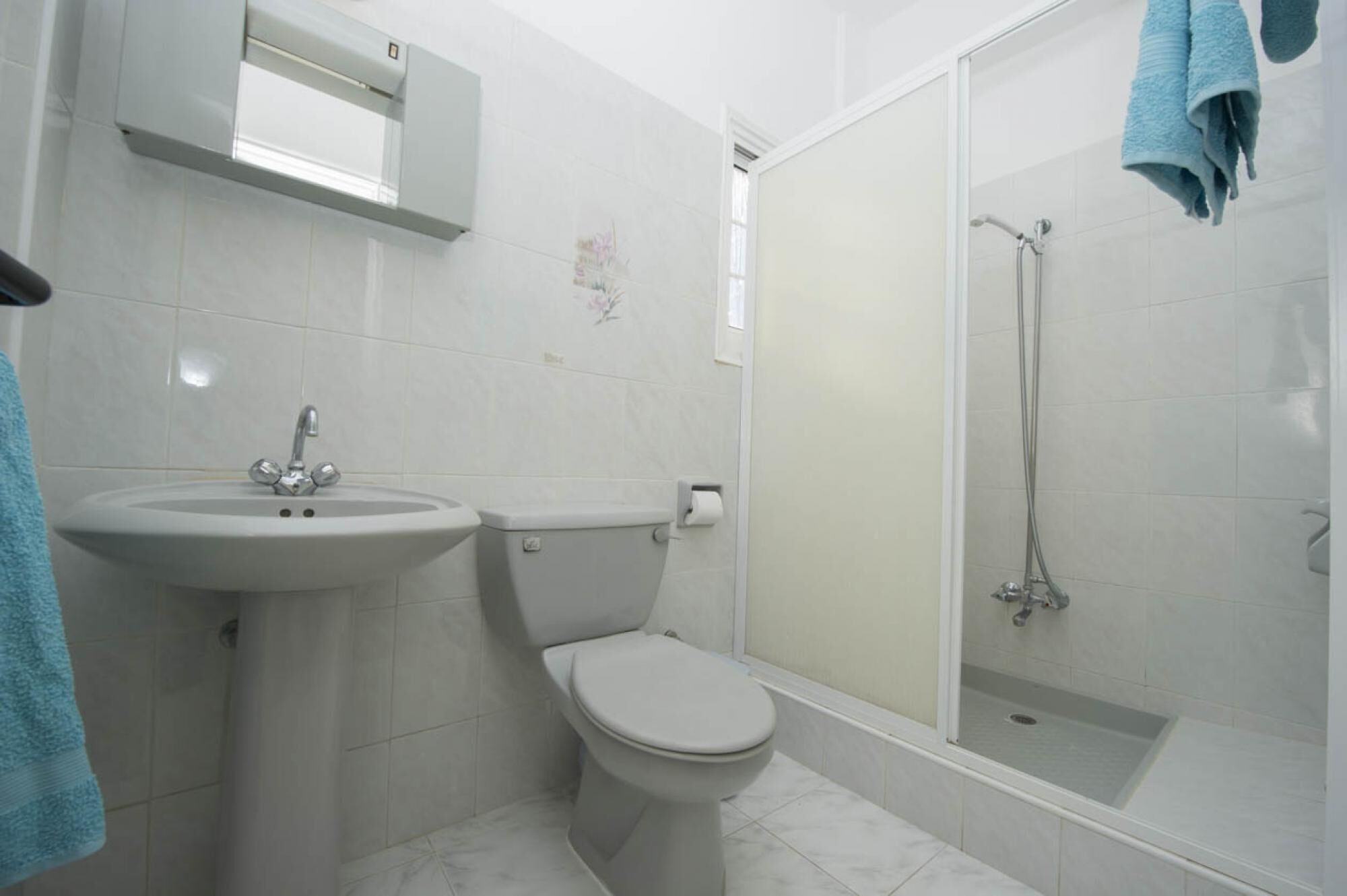 A bathroom with a sink, toilet, and glass-enclosed shower.
