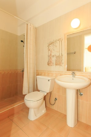 Une salle de bain avec des toilettes, un lavabo et une douche.