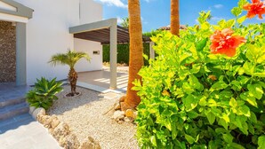 Ein modernes Haus mit überdachter Terrasse, Palmen und einem Garten mit grünem Laub und roten Blüten.