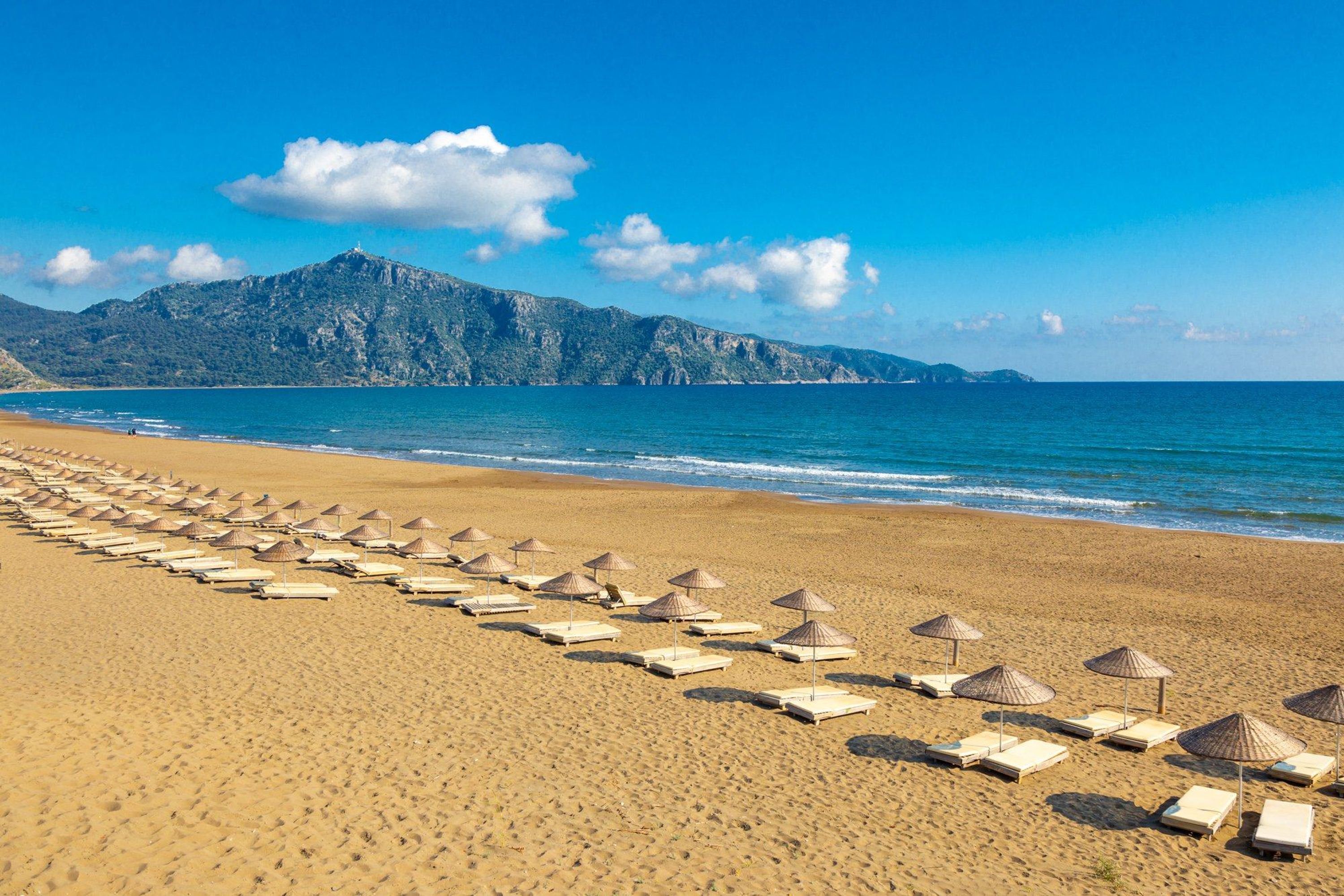 A beach with rows of sun loungers and umbrellas, a clear blue sky, and mountains in the background.