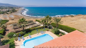 A pool area with a view of the ocean, surrounded by palm trees and a beach.