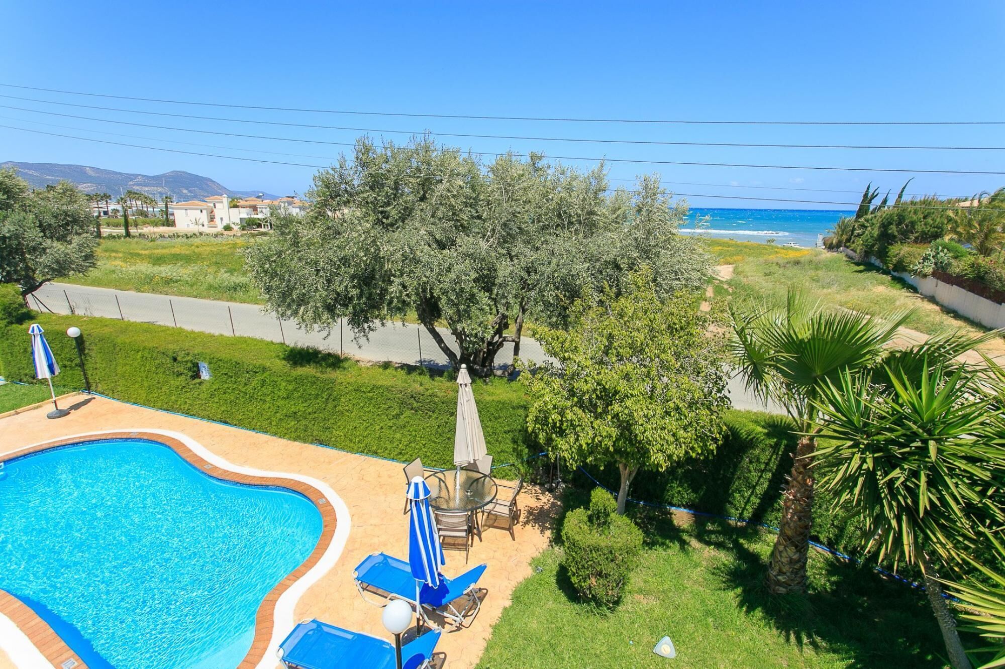 A swimming pool with a view of the ocean, surrounded by greenery and a clear sky.