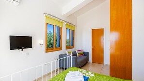 A bedroom with a bed, a TV, a sofa, and a wardrobe.