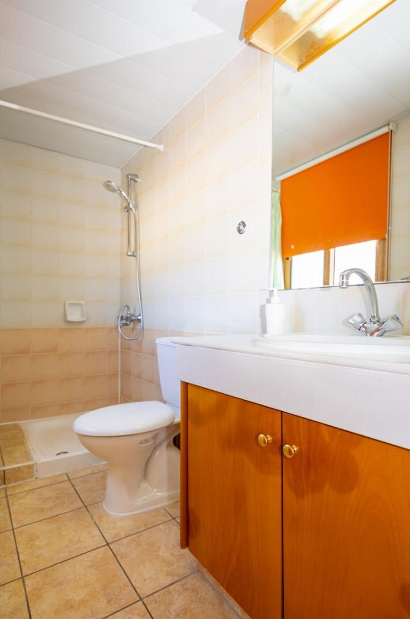 Een badkamer met douche, toilet, wastafel en houten kasten.