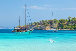 Un bateau turquoise, portant un drapeau, est amarré près d’une côte rocheuse bordée d’arbres.