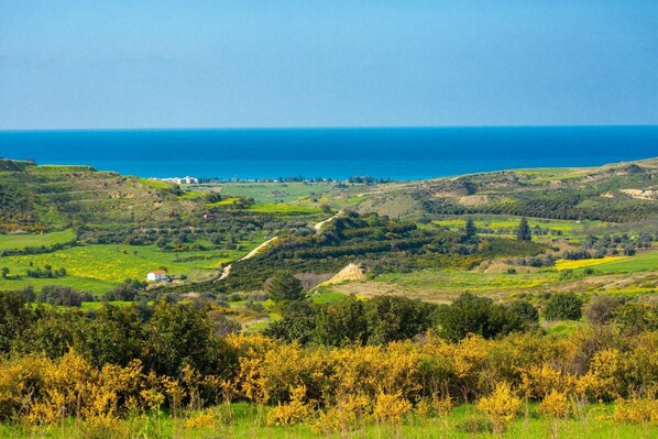 A coastal landscape with rolling hills, a clear blue sky, and a view of the sea. - Villa Rallo Large Private Pool Sea Views A C Wifi Eco-friendly - 2961 (Steni)