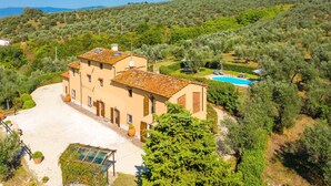 A Mediterranean-style villa with a swimming pool, surrounded by olive groves and a clear blue sky. - Villa Le Balze Large Private Pool Wifi - 3016 (Vinci)