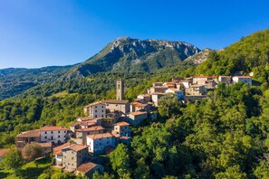 A hillside village with traditional stone buildings, a prominent church tower, and lush greenery. - Villa Casale Le Selve Large Private Pool Wifi - 3099 (Castiglione di Garfagnana)