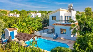A modern two-story house with a swimming pool, surrounded by lush greenery and palm trees. - Villa Charoula Exi Large Private Pool A C Wifi - 3275 (Polis)