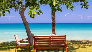 A wooden bench and a chair under a tree by a clear blue sea.
