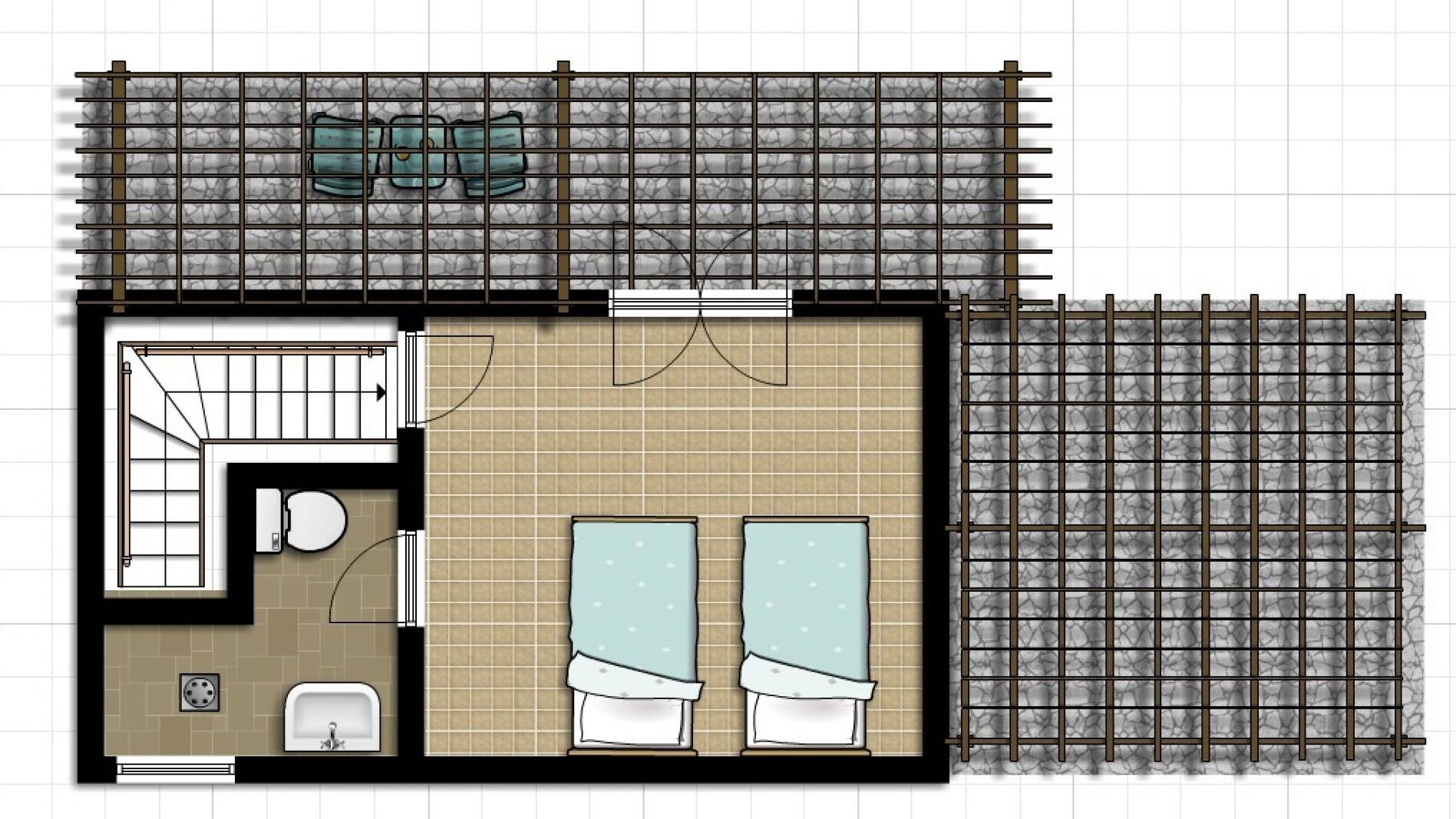 Un plan d’aménagement de chambre d’hôtel comprenant une salle de bain, deux lits, un petit coin salon et une vue sur un paysage rocheux.