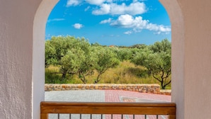 An arched window overlooking a landscape with olive trees and a distant view of the sea. - Vatsa Beach Villa Large Private Pool Walk to Beach Sea Views A C Wifi - 3021 (Kefalonia)