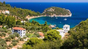 A coastal area with houses, a small island, and clear blue waters.