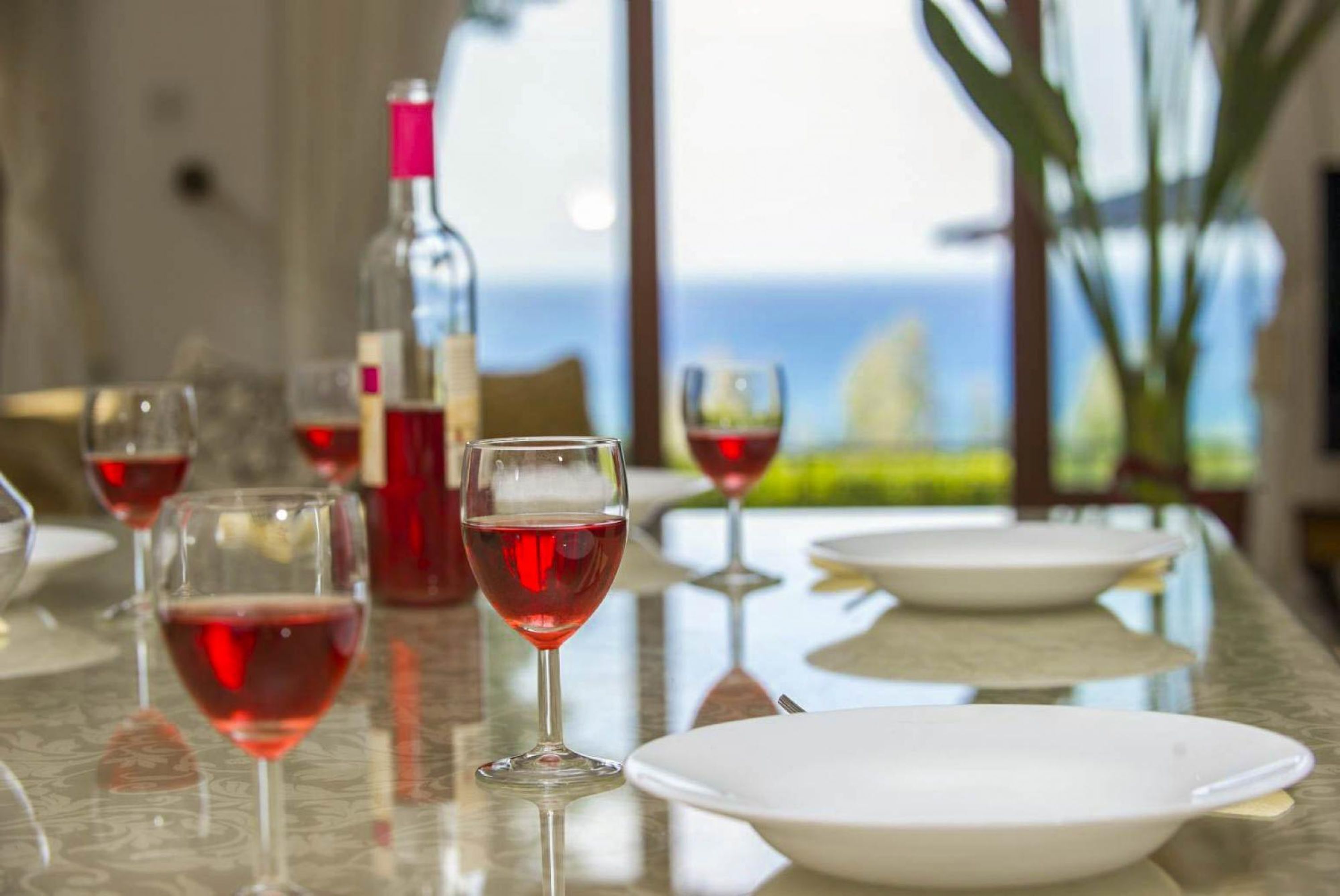 A dining table with wine glasses and plates, a bottle of wine, and a view of the ocean.